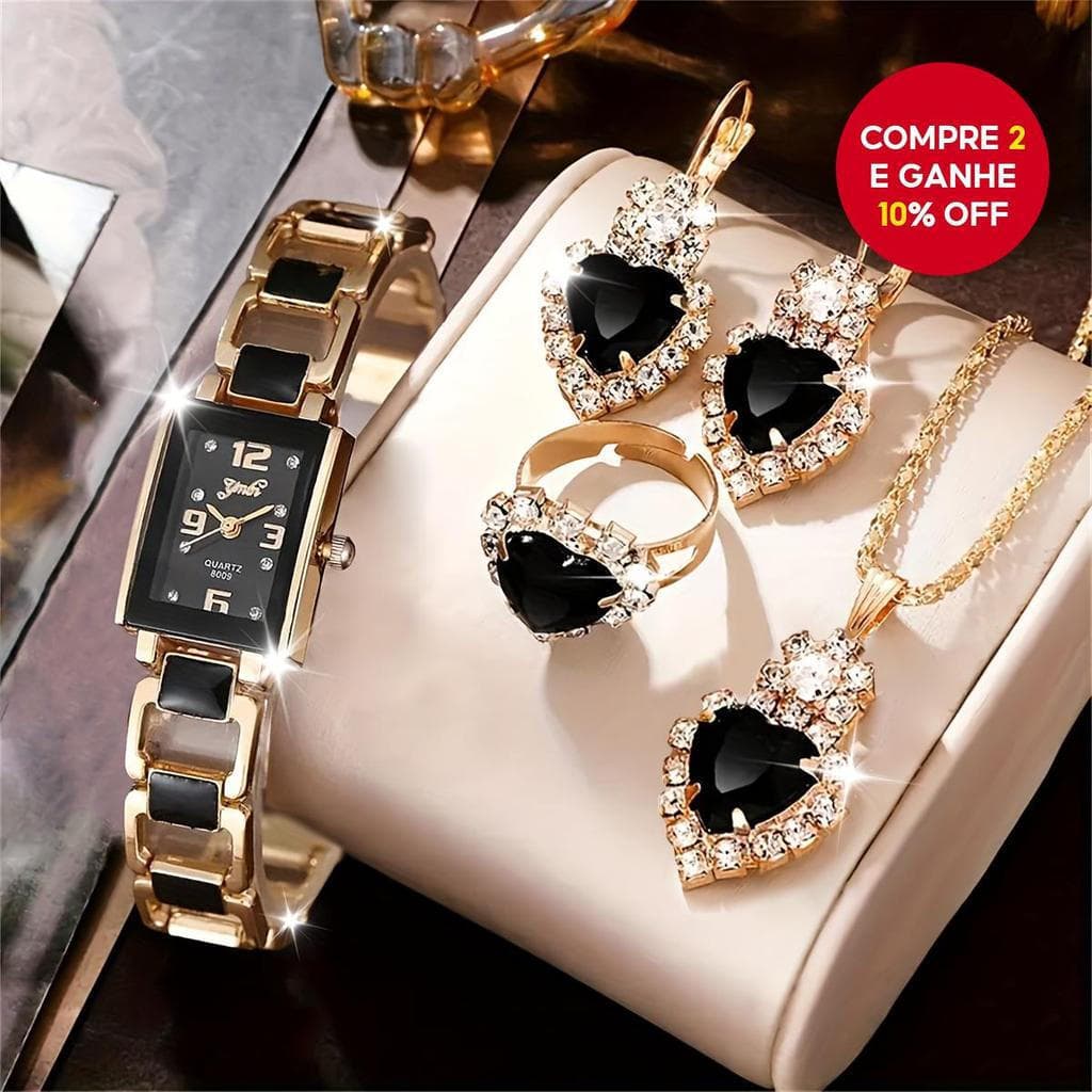 Conjunto de 5 peças de joias femininas com relógio de quartzo com mostrador retangular e números arábicos, imitação de z