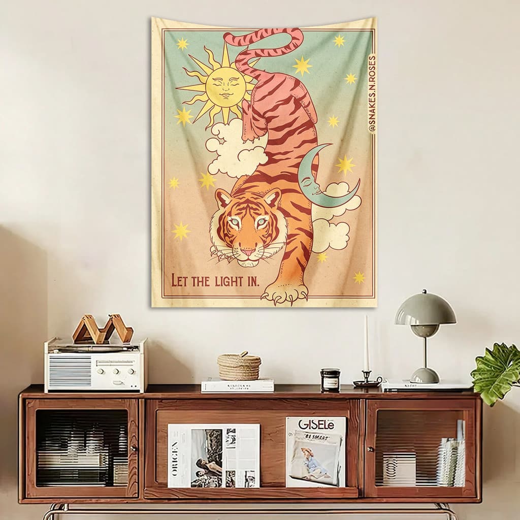 Tapeçaria com desenho de gato de desenho animado, tecido decorativo para pendurar na parede do quarto, estilo vintage, t