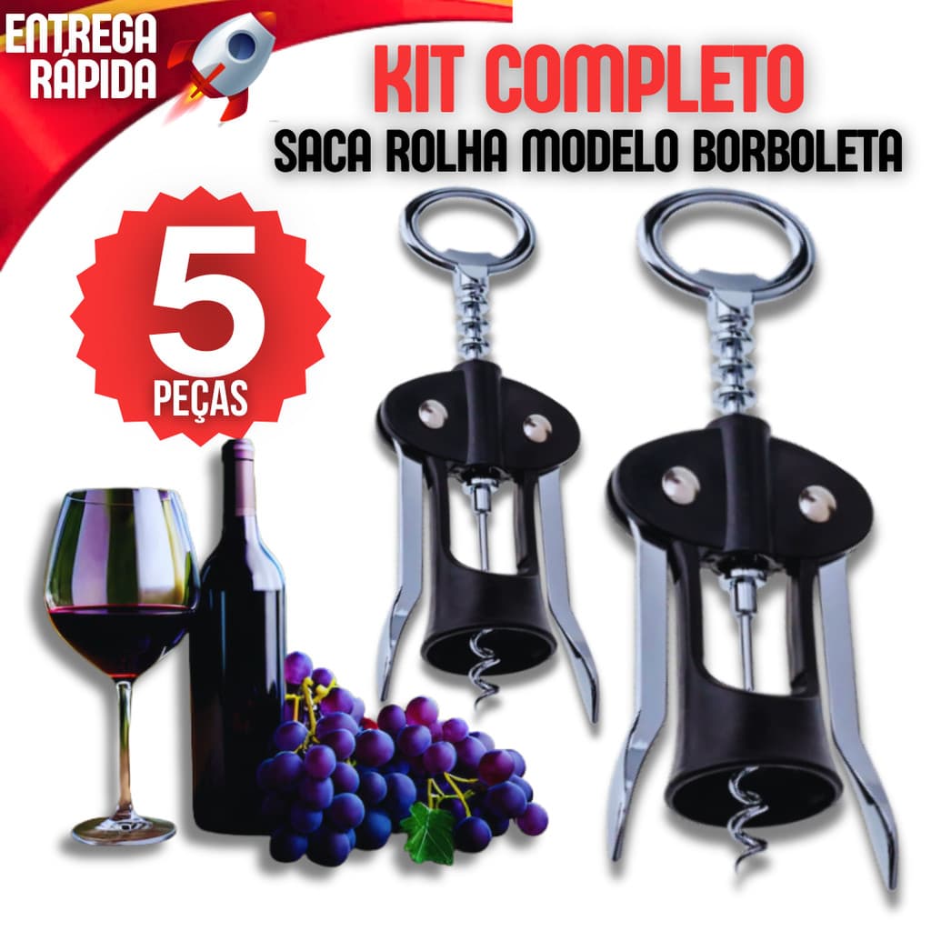 Kit 5 Abridor De Garrafa Vinho Saca Rolha Tipo Borboleta Aço Inox Multiuso Cozinha Bebida Gourmet