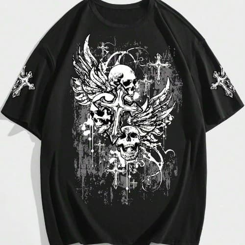 Camiseta Básica Gótica Crânio e Cruz Camisa Unissex