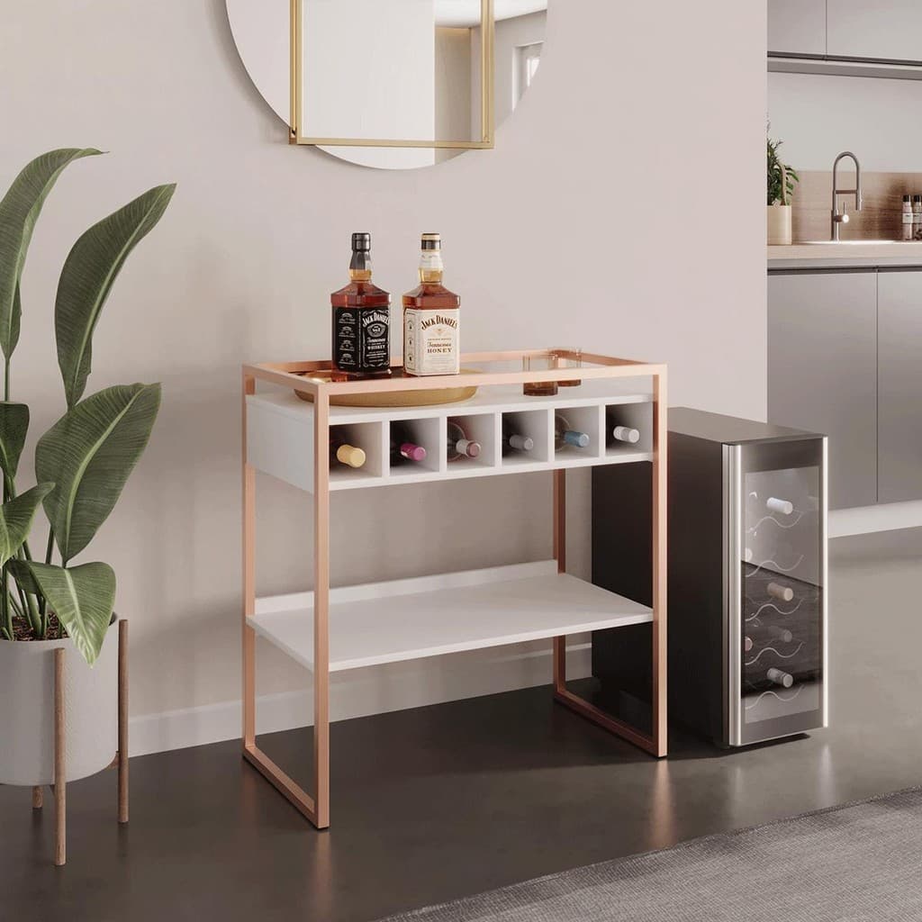 Aparador Adega Bar Branco/Cobre com Prateleira e Nichos para Vinhos - Pleno