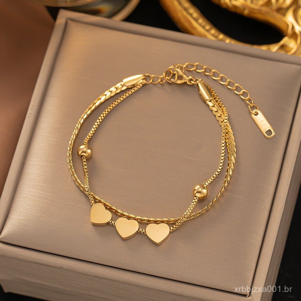 Pulseira de três corações em camada dupla banhada a ouro 18K que não desbota, joia feminina da moda.