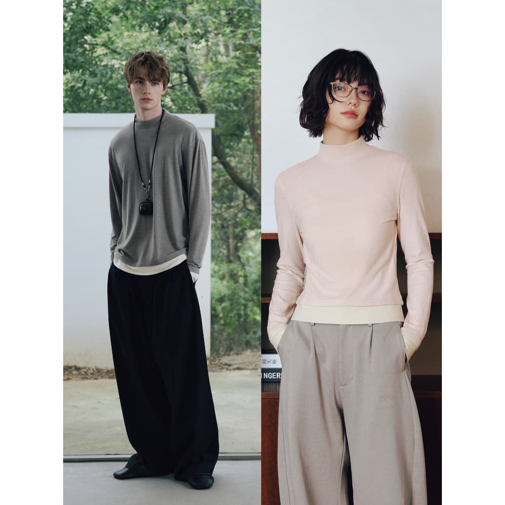 PSO marca roupas femininas masculinas falso de duas peças contraste cor em torno do pescoço de manga comprida camisa de
