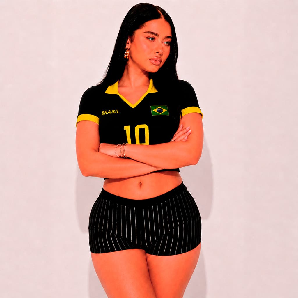 Cropped Brasil Feminino Manga Curta Gola V Camisa Brasileira