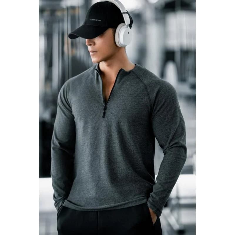 Outono inverno estilo americano alemão veludo quente de alta elasticidade de manga comprida masculina com zíper camiseta
