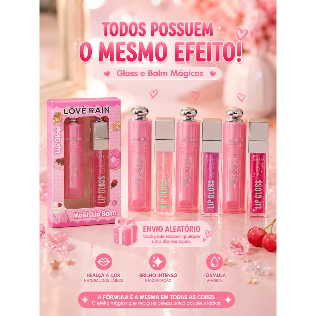 Kit Labial 3 em 1 Balm + Gloss + Mini  Gloss Hidratante e Brilho ou 2 em 1 Balm e Gloss Magico Longa Duração