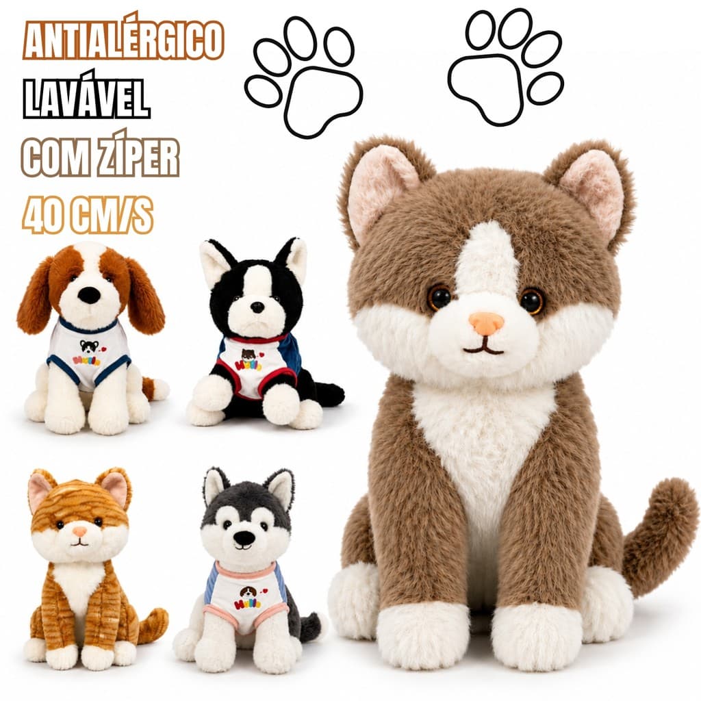 Pelúcia Cachorro ou Gato 40cm Antialérgica Lavável com Zíper Super Macia