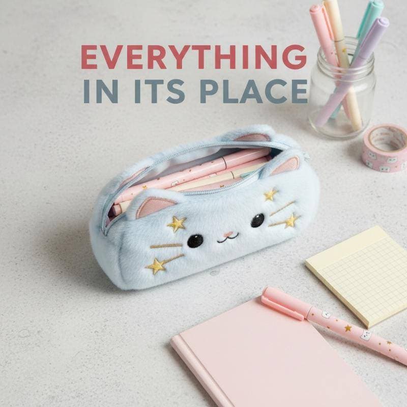 [jihyo] Estojo De Lápis De Gato Estrela De Pelúcia Fofo De Desenho Animado Bolsa De Papelaria Para Estudantes De Grande