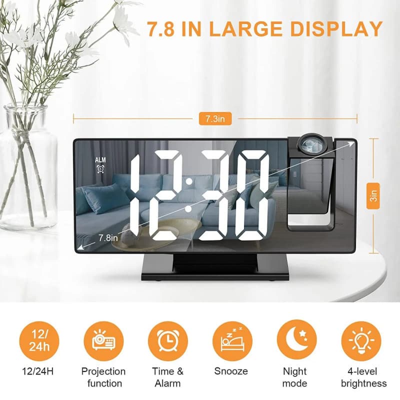 Despertador Digital com Projeção LED, Tela Grande de 7,8 polegadas, 180 °   Projetor rotativo com exibição de data e dia