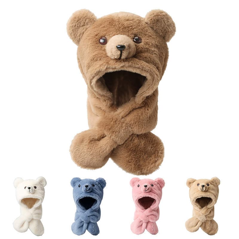 Chapéu Infantil de Urso de Desenho Animado para Crianças, Cachecol Fofo de Pele Sintética de Coelho para Outono e Invern