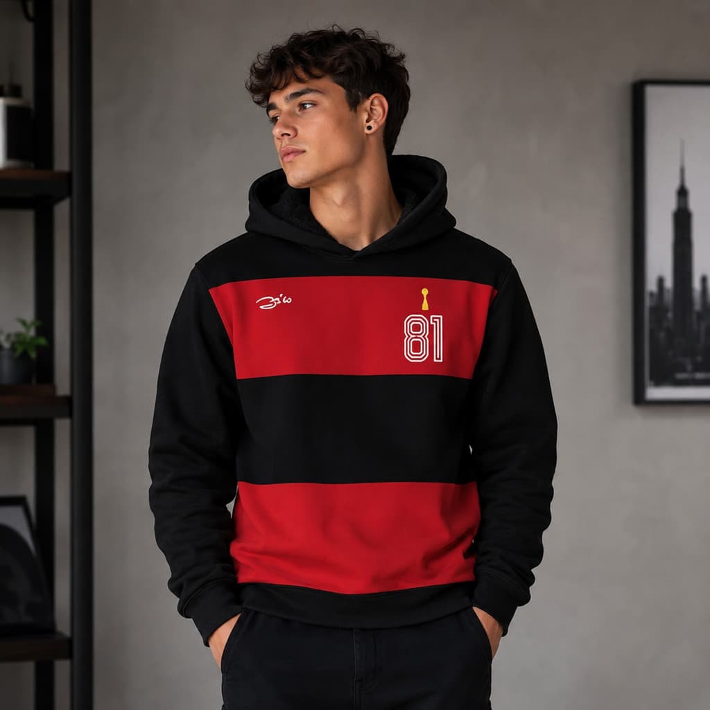 Moletom Estampa Time Carioca de Futebol Vermelho e Preto Full Capuz Fechado Tecido Algodão Blusa de Frio