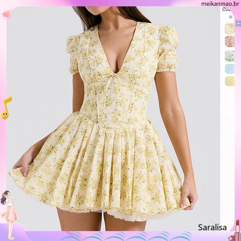 Francês Sweet Ballet Dopna Floral Manga Puff Feminina & # 39 ; s Vestido Verão 2024