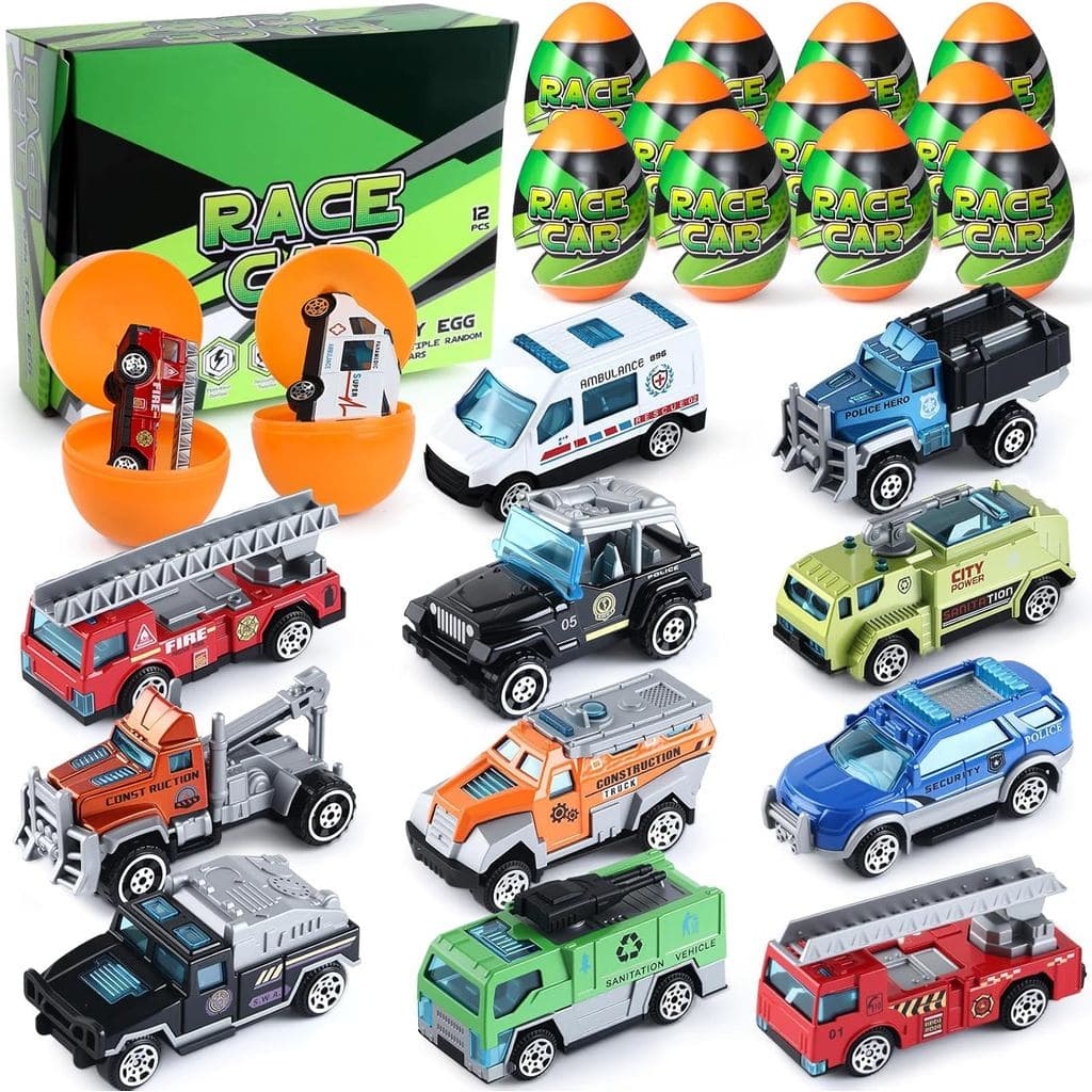 Cleboen 12 Peças de Carros de Cidade para Crianças com Ovos Surpresa, Conjunto de Mini Veículos de Brinquedo para Crianç