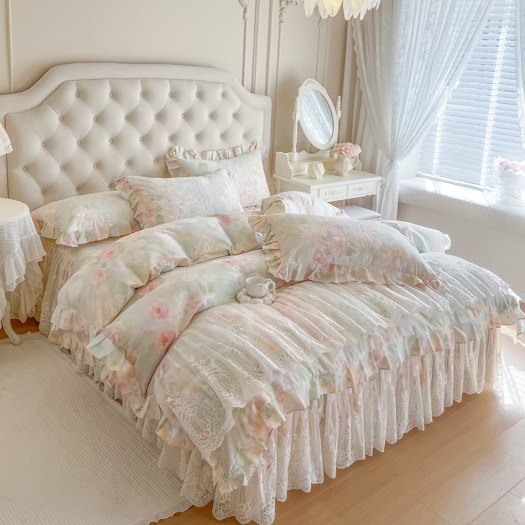 Nova cama francesa conjunto de quatro peças algodão babados masculino colcha capa estilo principal saia de cama invisíve