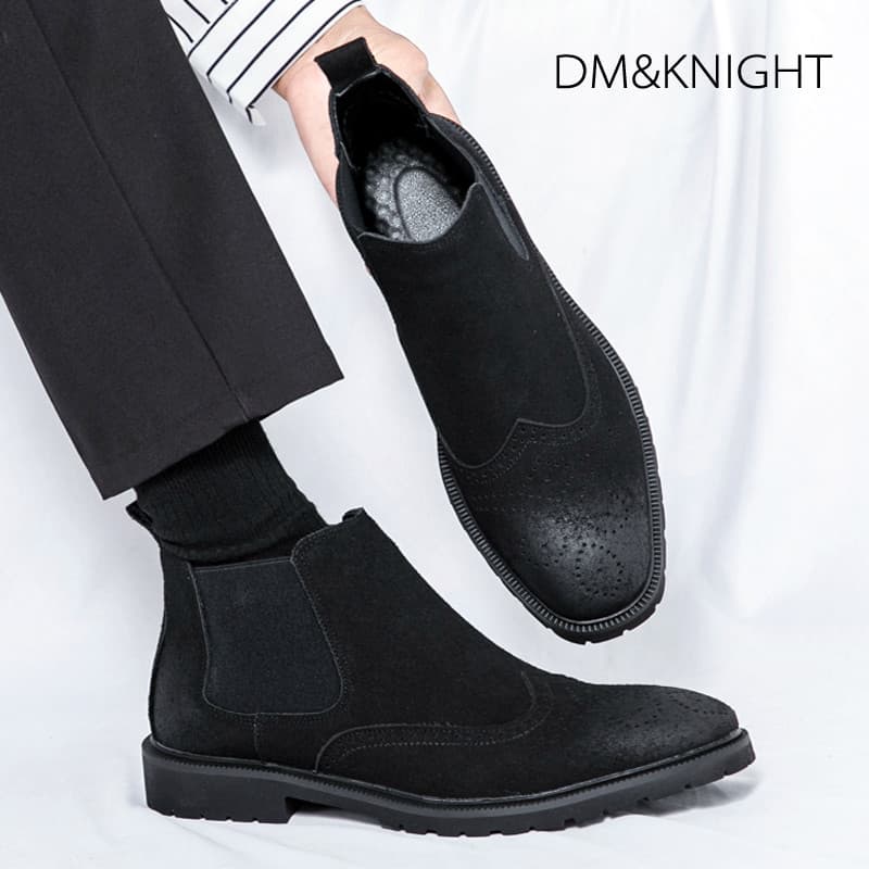Botas Chelsea de cano alto, bico quadrado, camurça masculina, aumento interno, botas curtas, botas Martin com terno, bot