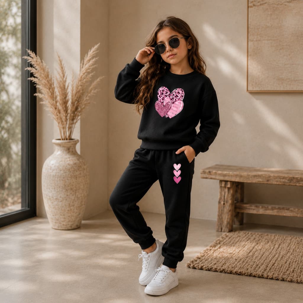 Conjunto Moletom Infantil Agasalho Inverno Fofo Menina Estiloso Coração Rosa Moletom  Flanelado