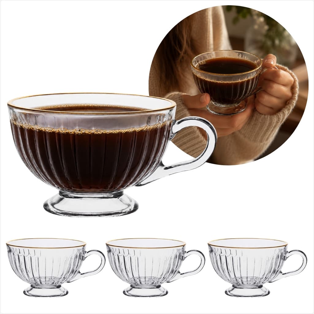 Conjunto de 4 Xícaras de Vidro Suzana Premium 220ml Com ou Sem Borda Dourada
