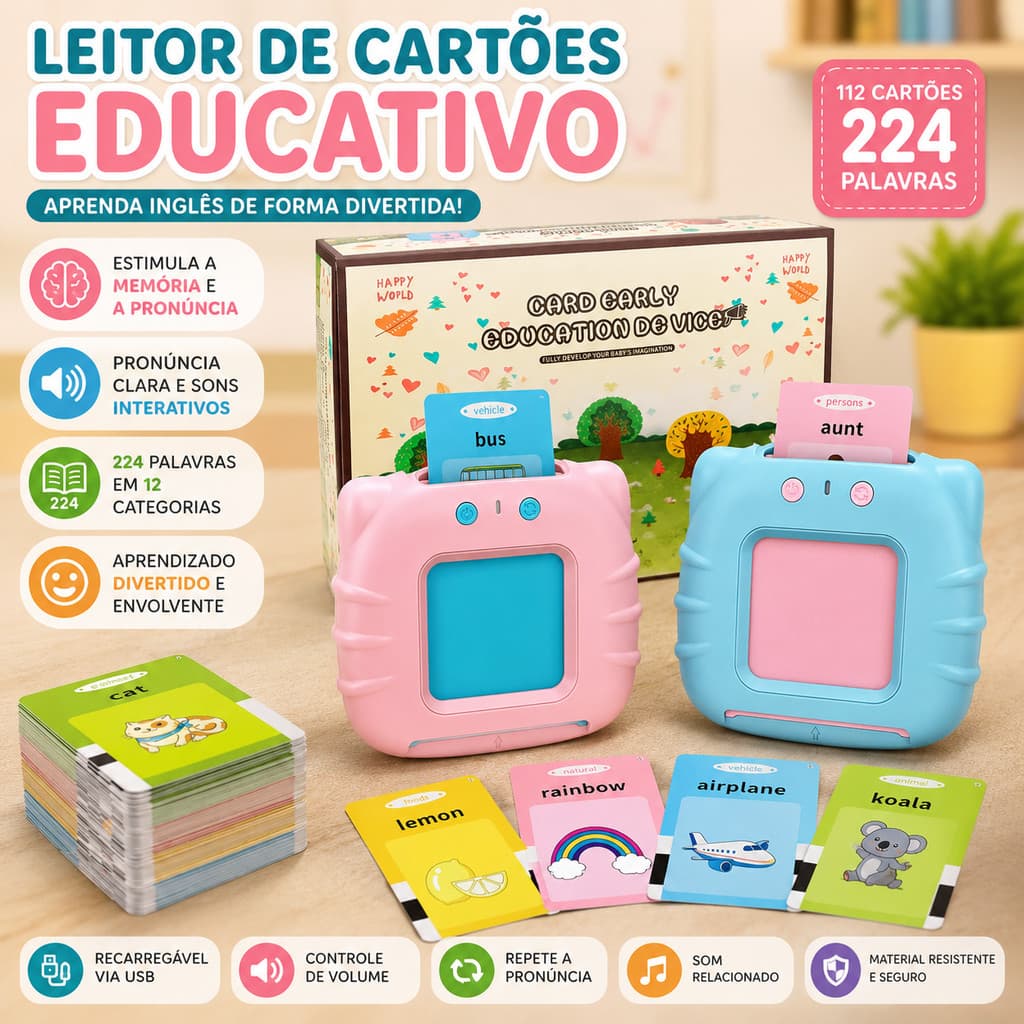Brinquedo Educativo Leitor de Cartões Inglês Infantil 224 Palavras Som Voz USB Recarregável Aprender