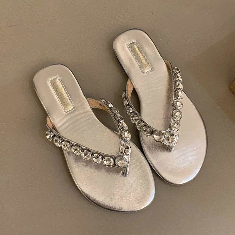 Francês strass prata Flip-Flops feminino beira-mar combinando saia sandálias chinelos sapatos de fadas sapatos de praia