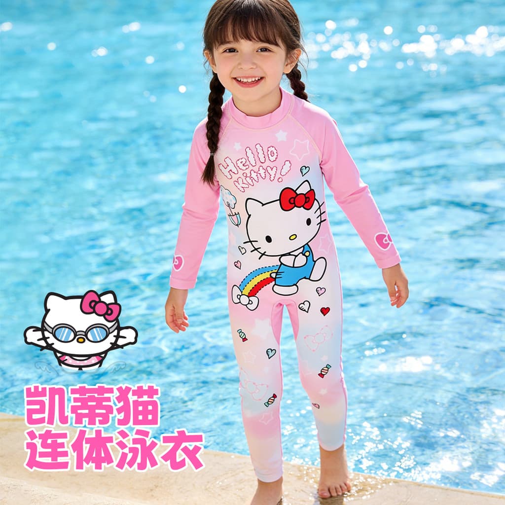 Mesca x Hello Kitty Cute Style Girls Maiô de uma peça de manga comprida com estampa de desenho animado