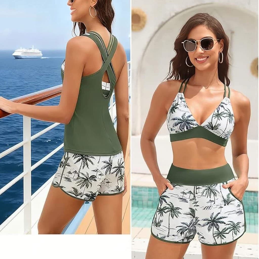 Maiô dividido de três peças feminino com Design cruzado com bolsos lindo biquíni traseiro Boxer maiô esportivo