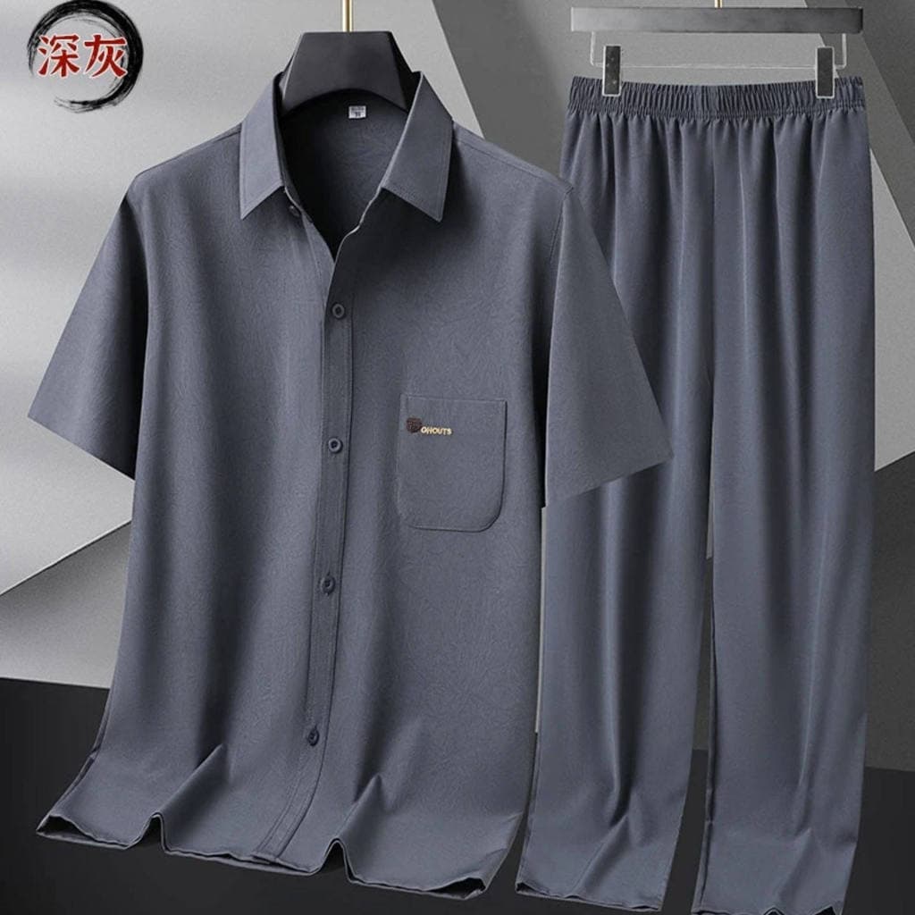 Yunfeihui seleção roupas masculinas de meia-idade idosos pai terno verão gelo seda camisa de manga curta masculina Casua