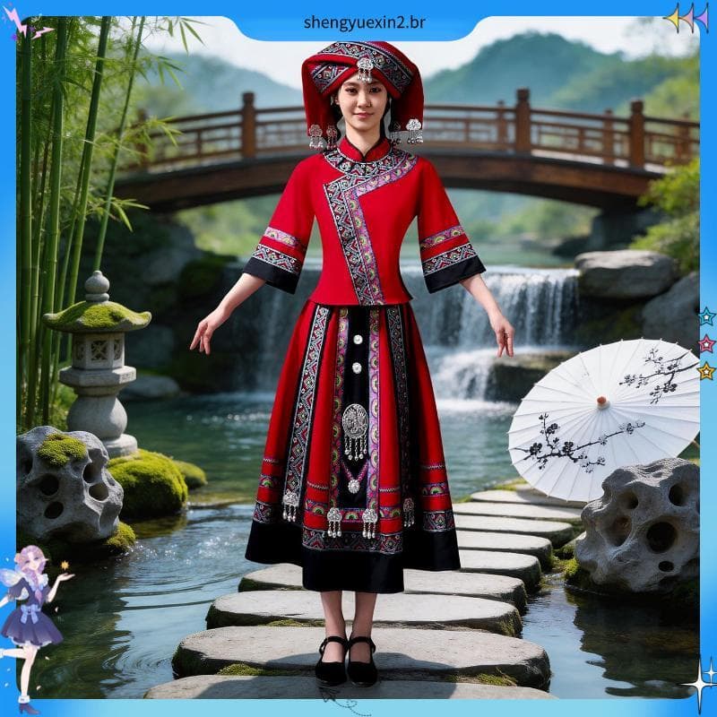 Nova março Sanguang Xizhuang roupas étnicas adultos homens mulheres Zhuang traje de dança nacional Yao música nacional F