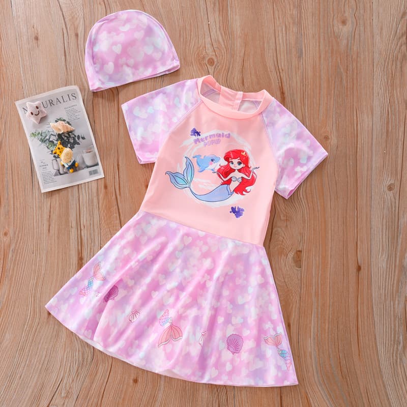 Crianças maiô menina bonito sereia vestido de princesa de uma peça de manga curta protetor solar de secagem rápida conse