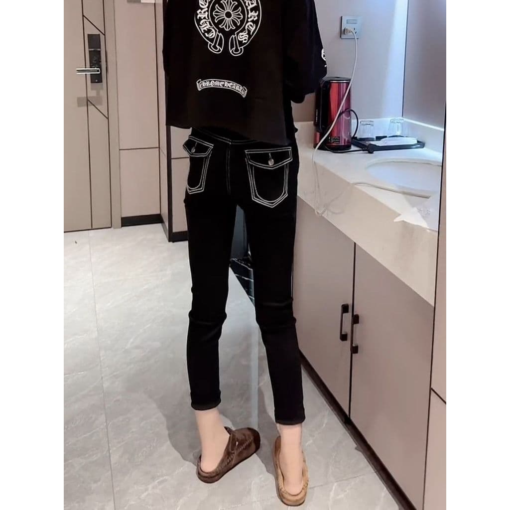 Plus Size feminino Retro linha aberta Design Jeans magro feminino 2025 outono novo estilo fino ajuste tornozelo comprime