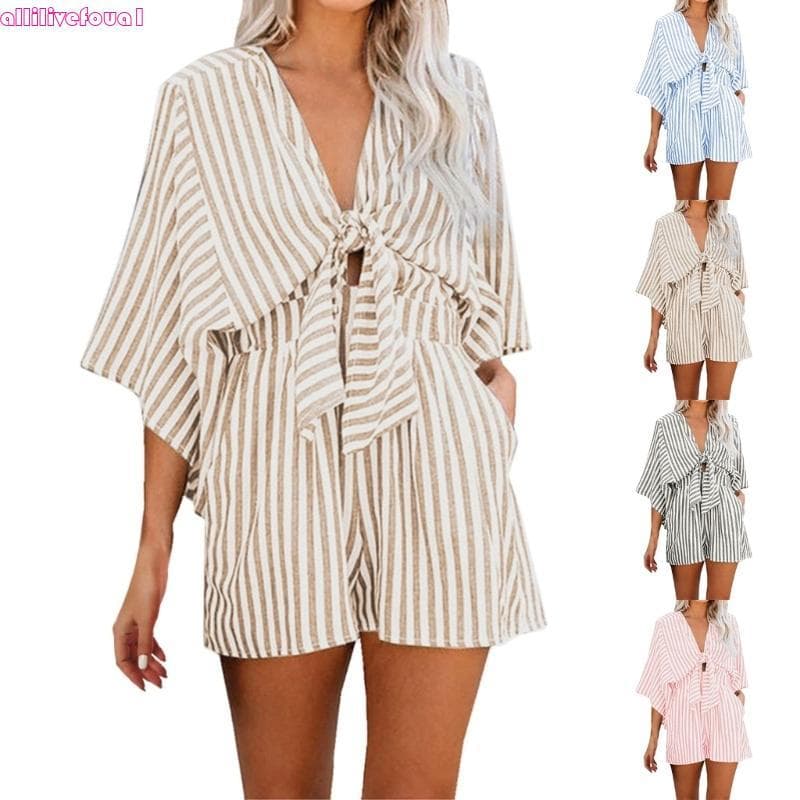 allilivefoua1 Macacão Feminino Casual E Gravata Cintura Listrada Para