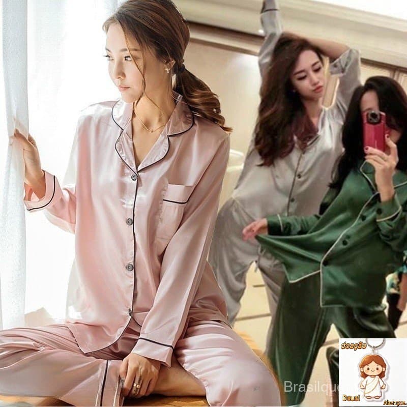 Pijamas de Cetim e Seda para Mulheres Conjunto de Pijamas de Manga Longa/Seda 010 SS 5142