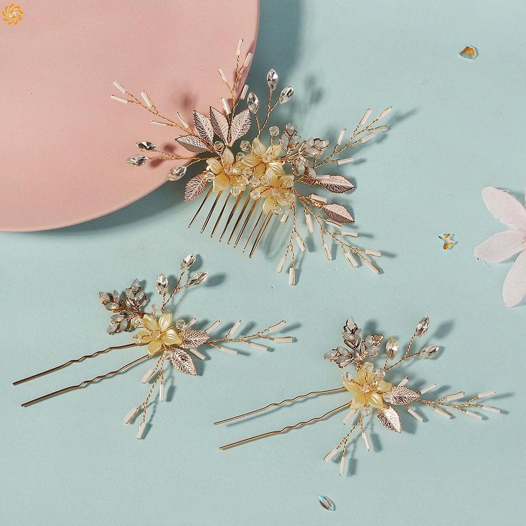 3 Pçs Flor Strass Pentes De Cabelo Em Forma De U Grampos Liga Acessórios De Casamento