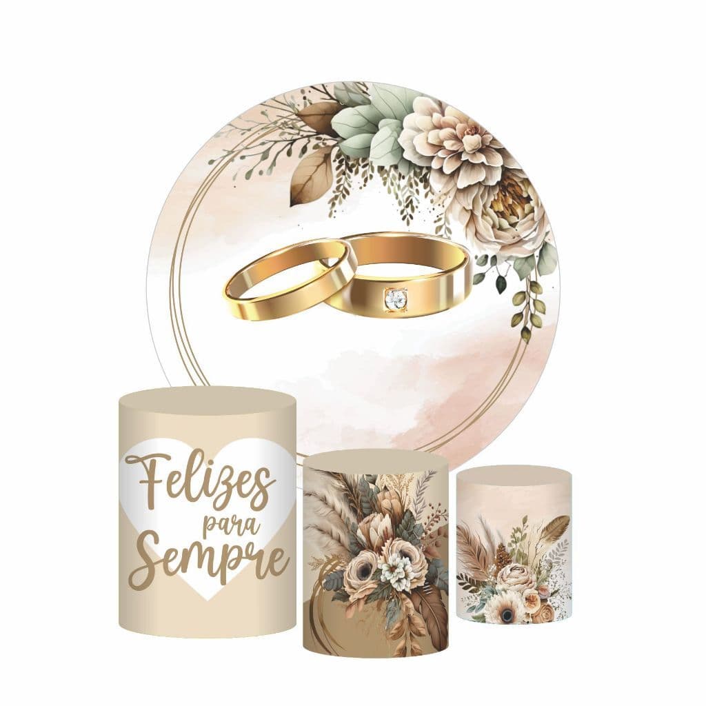 Kit Painel de Festa Redondo 1,50 + Trio Capas Cilindro Tema Casamento Aniversário Bodas