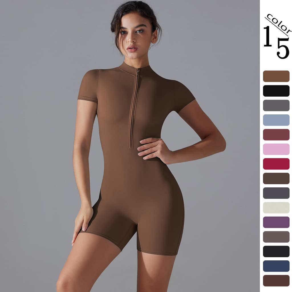 Novo macacão de ioga de verão com zíper, mangas curtas, estilo europeu e americano, adequado para mulheres, macacão espo