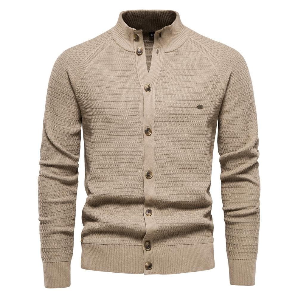 Primavera outono High-End Retro puro algodão malha Cardigan camisola masculina gola alta jaqueta de beisebol cáqui