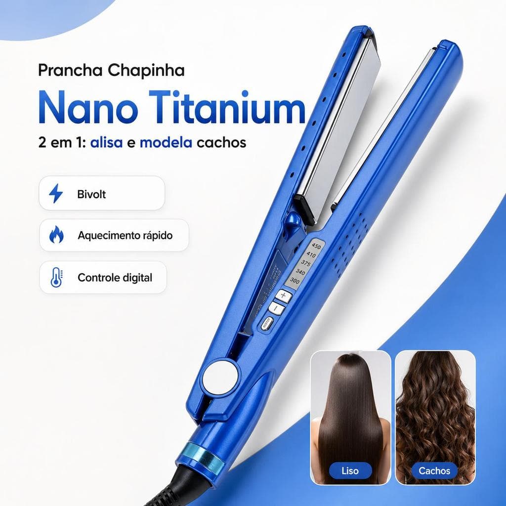 Prancha Chapinha de Cabelo 2 em 1 Nano Titanium Bivolt, Alisa e Modela Cachos, Controle Digital 300°F a 450°F, Cabo Gira