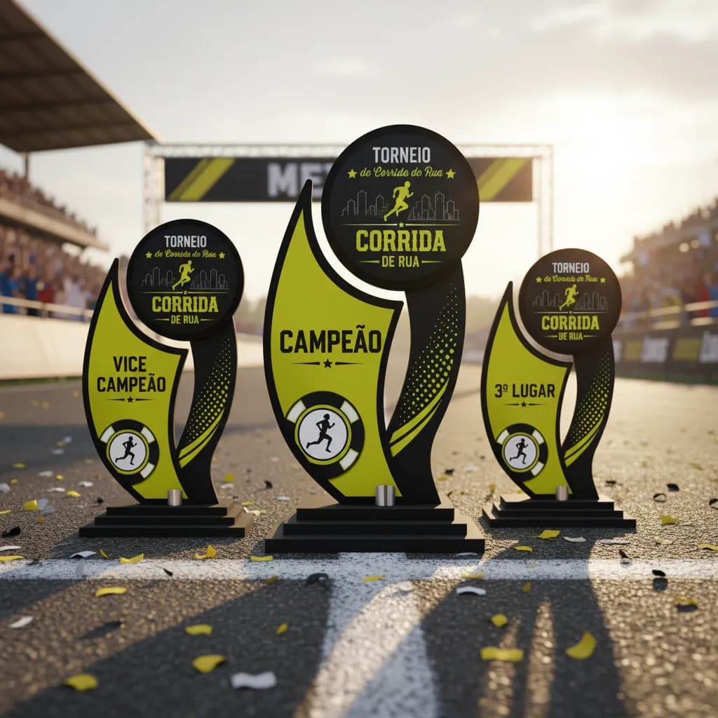 Kit Troféu Corrida De Rua Mdf 20cm C/ 3 Peças Premiação Corrida De Rua
