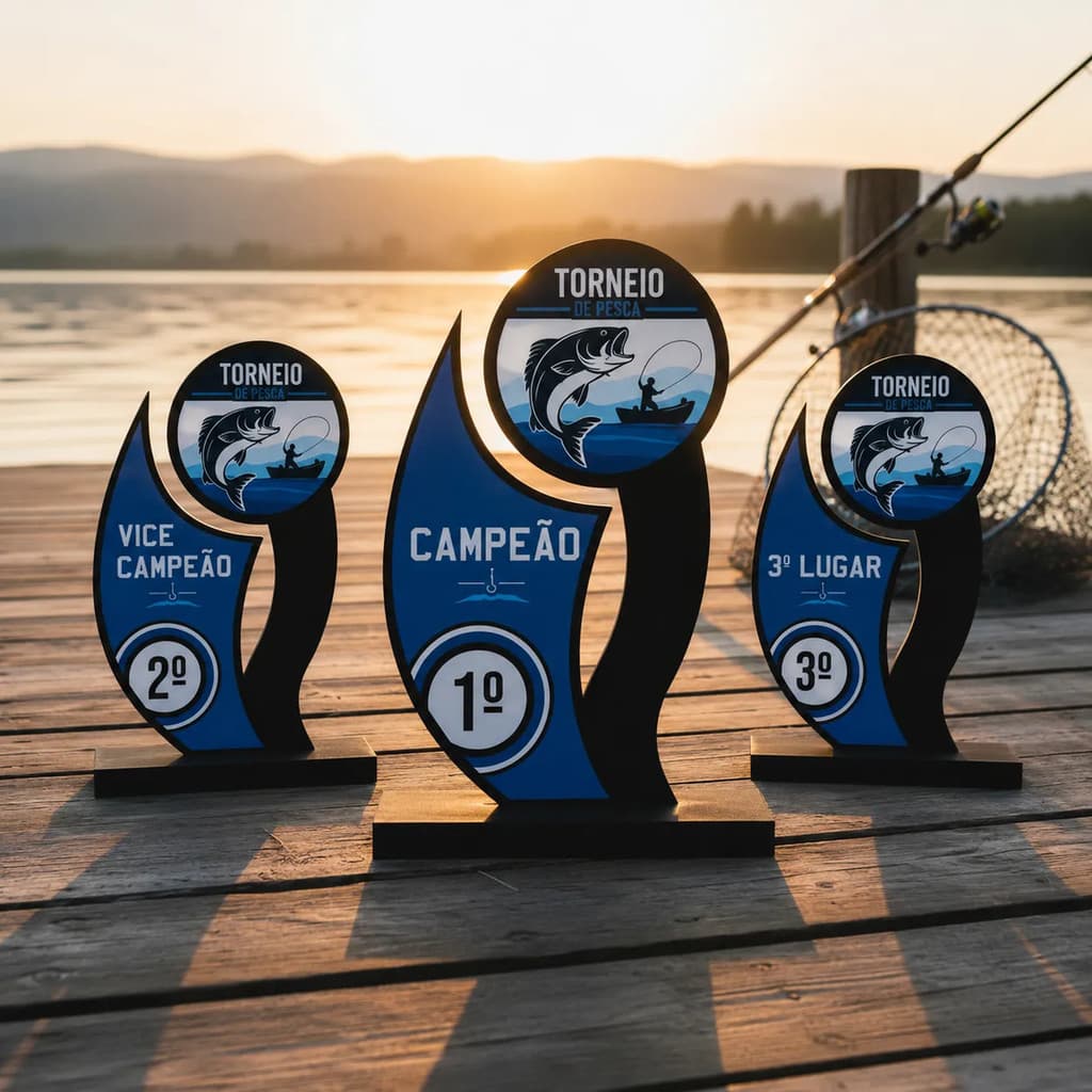Kit Troféu Pesca Mdf 20cm C/ 3 Peças Premiação Completa Troféu