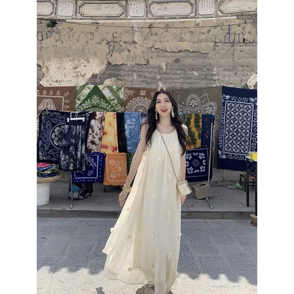 Real Shot estilo férias solto Chiffon Super fada tridimensional flor estilingue vestido com Streamer 2026 verão novo est