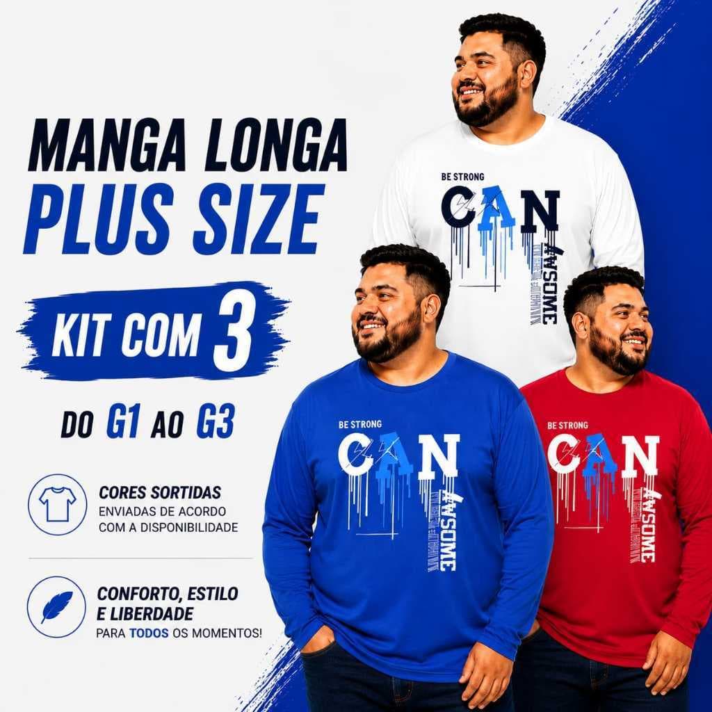 Kit 3 Camisa Masculina Manga Longa Plus Size Estampada Dia a Dia Confortável G1 ao G3