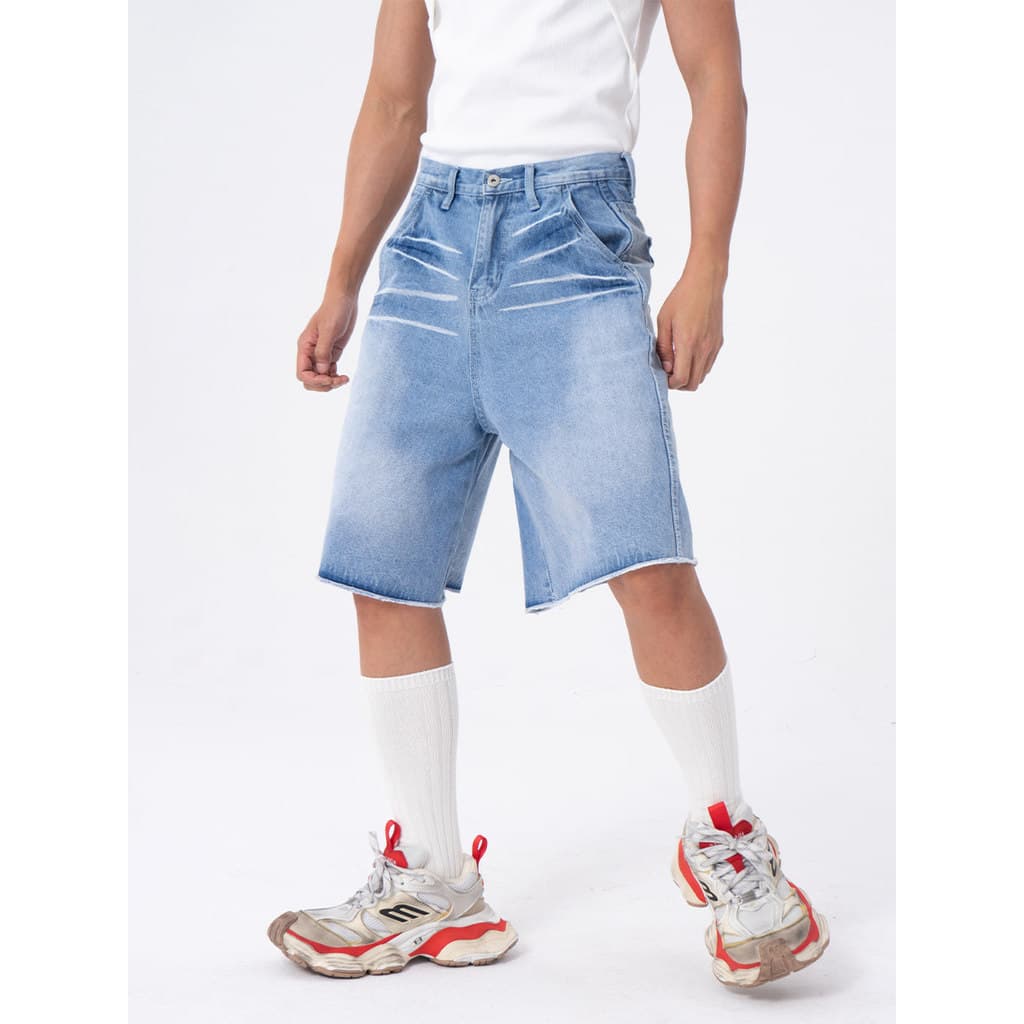 CLP Azul Cat Whisker Lavado Shorts Jeans de Cinco Pontos Masculino Casual Solto Perna Larga Reta Retro Trendy All-match