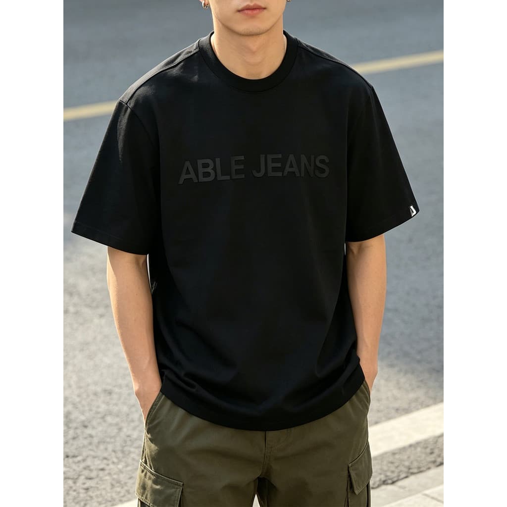 Camiseta pesada capaz JEANS masculino feminino na moda de manga curta versão solta básica preta camiseta ombro caído Cas