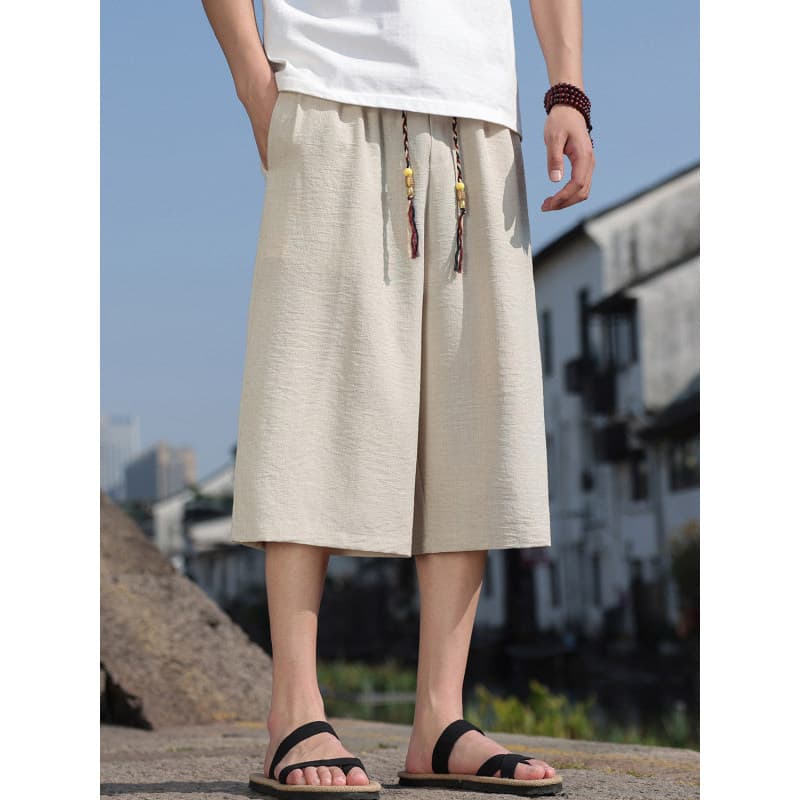 Calças cortadas masculinas estilo chinês verão estilo fino gelo seda calças retas Retro solto calças de perna larga tama