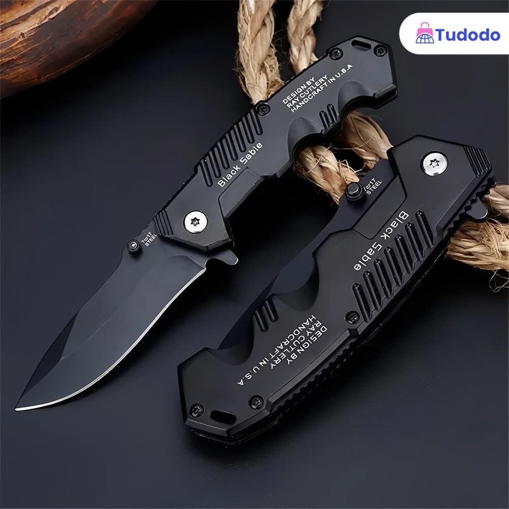 Canivete Multiuso em Aço Inoxidável Preto – Faca para Frutas, Cozinha, Pesca, Camping e Sobrevivência