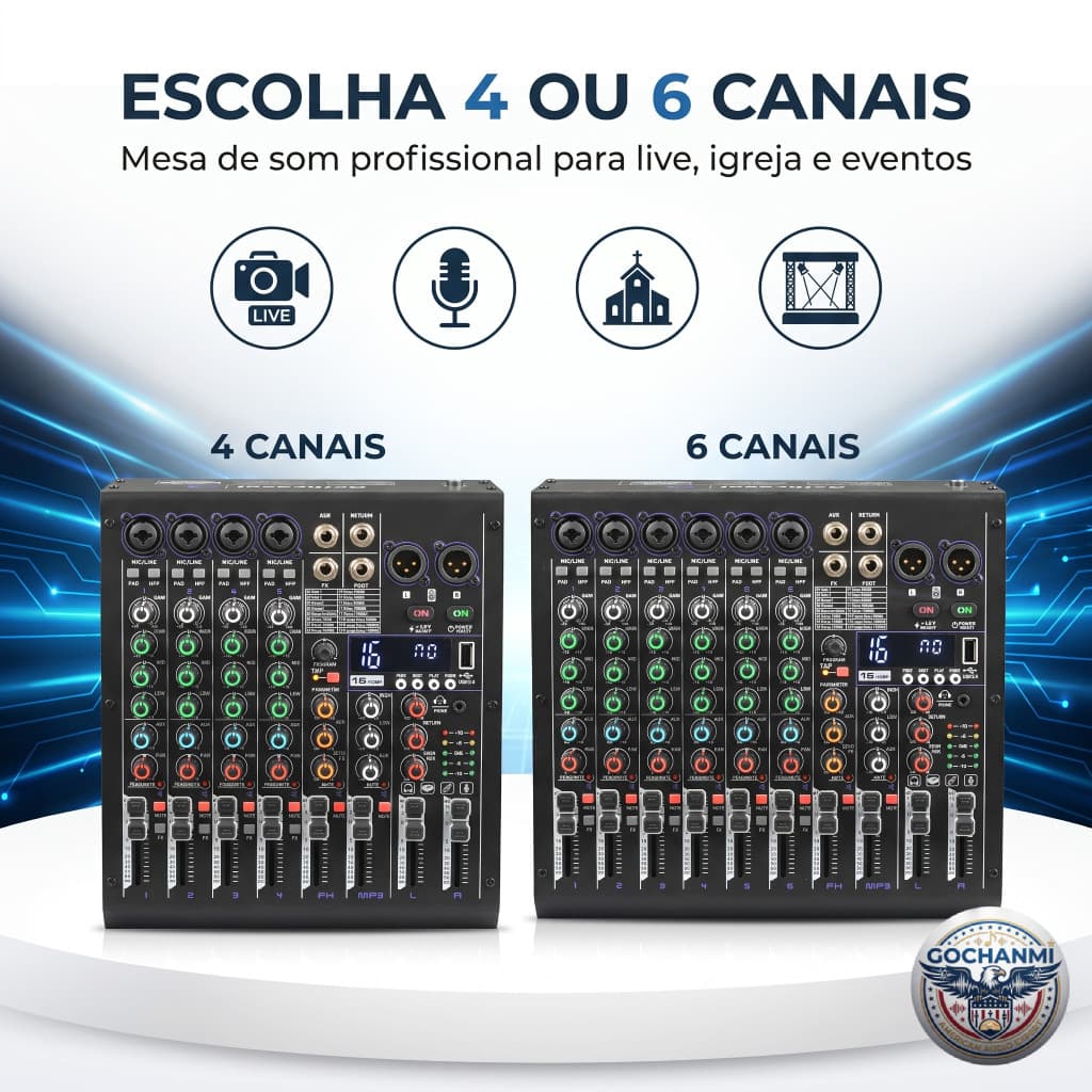 Mesa de Som GOCHANMI com Interface USB U Disk Bluetooth 16 Efeitos DSP AUX Fone e Saída Estéreo