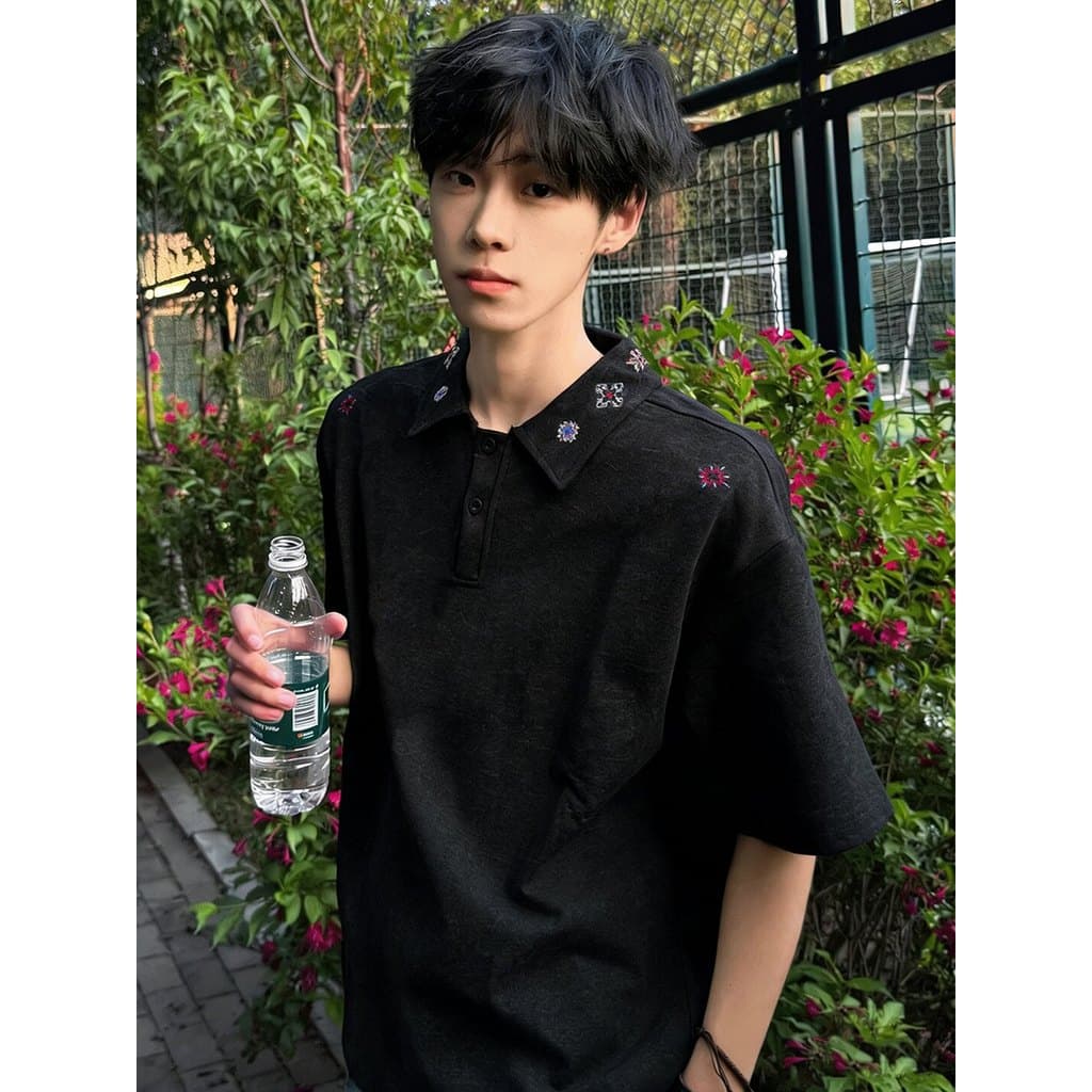 Estilo americano Tie-Dye bordado camisa POLO de manga curta masculina verão na moda pesado camiseta lavada Retro Casual