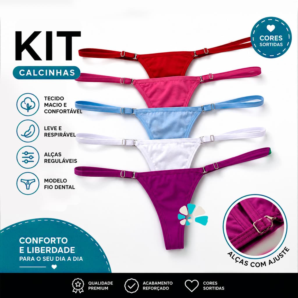 Kit 5 e 10 Calcinhas Fio Dental Microfibra Regulável