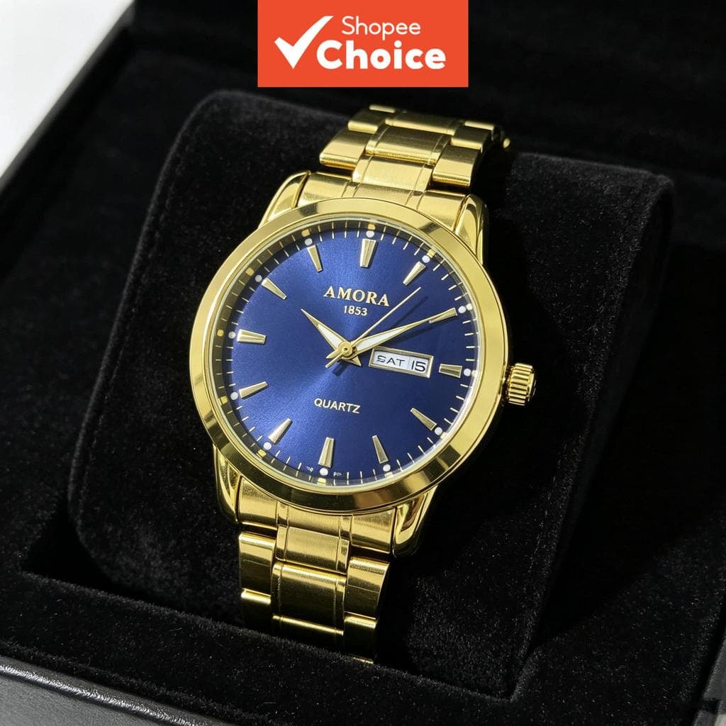 Relógio Masculino à Prova d'Água com Iluminação Noturna, Calendário, Luxo, Moda, Dourado, Azul-Escuro