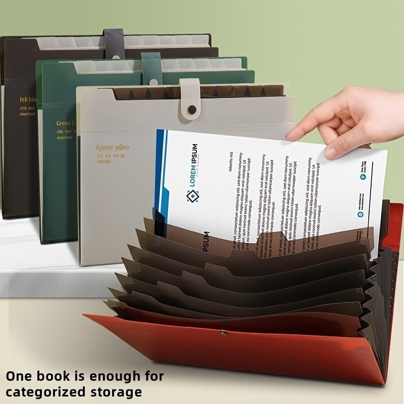 Pasta A4, com 12 divisórias, dobrável para armazenamento, utilizada para guardar documentos de escritório e evidências.
