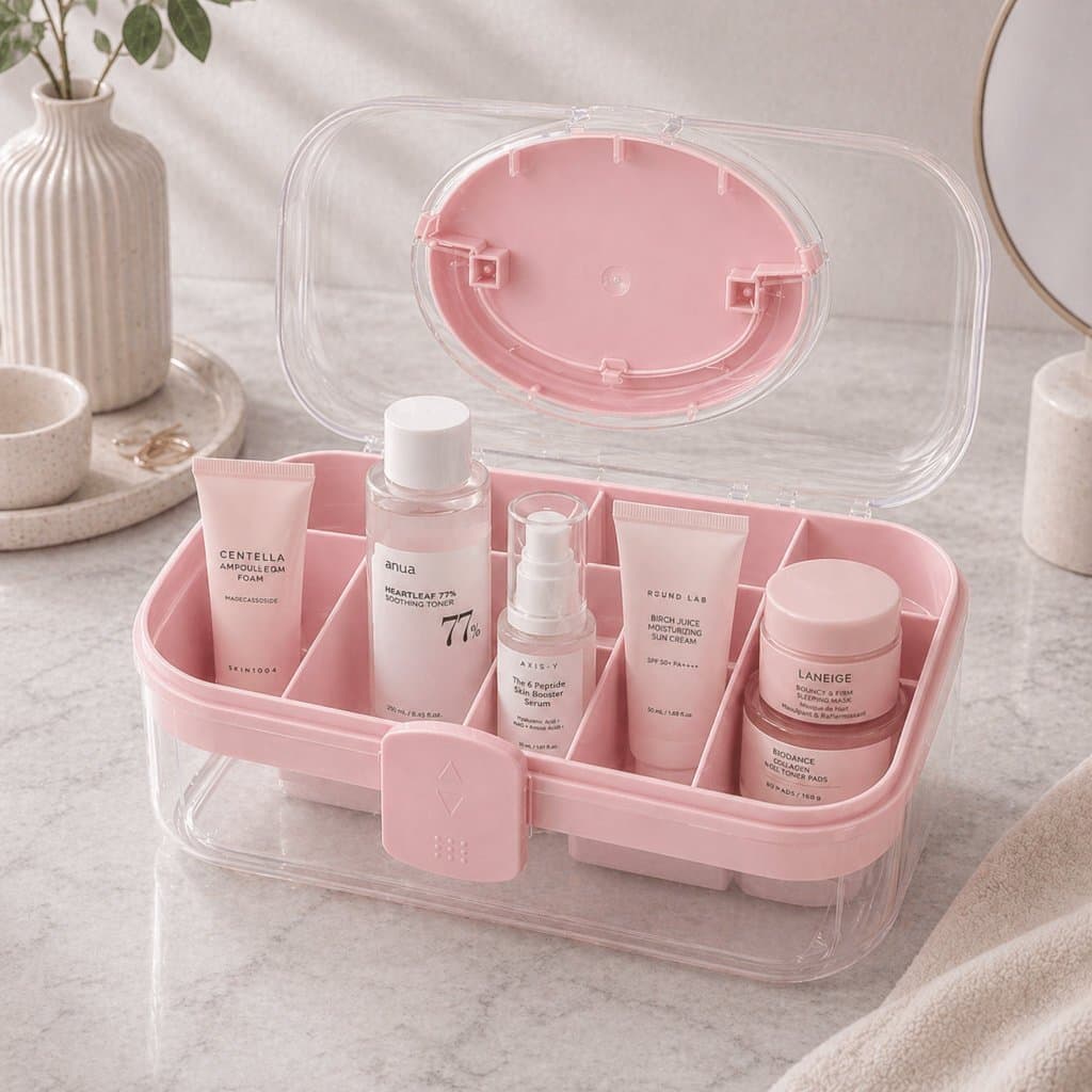 Maleta de Maquiagem Rosa Transparente Organizador Porta Cosméticos Pincéis com Bandeja